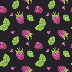 Seamless pattern pink raspberry, sweet berry with green leaves. Botanical food clipart. Hand drawn watercolor illustration isolated on dark background. Printing on fabric, paper packaging