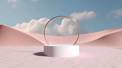 3d render abstract platform podium on water and waving curtains. Realistic pastel mock-up for products promotion. Abstract modern minimal background with emty podium