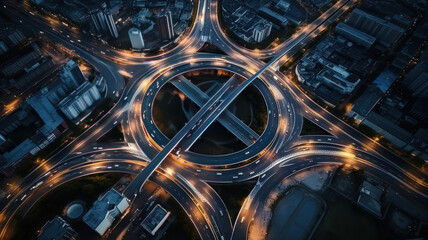 top view , night , roundabout interchange of a city, Expressway is an important infrastructure - obrazy, fototapety, plakaty