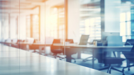 Fototapeta premium 7Blurred empty open space office. Abstract light bokeh at office interior background for design