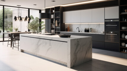 Front view of a modern designer kitchen with smooth handleless cabinets with black edges, black glass appliances, a marble island and marble countertops - obrazy, fototapety, plakaty