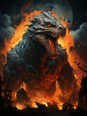 Fantasy dragon on the background of the destroyed city. 3d illustration