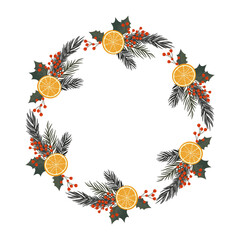 Świąteczna ramka z plastrami pomarańczy, gałązkami choinki i ostrokrzewu. Zimowa kompozycja.