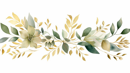 Watercolor floral frame border - gold branches and leaves