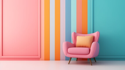 
Pastel multi colour vibrant groovy retro striped background wall frame with bright armchair decor. Mock up template for product presentation.