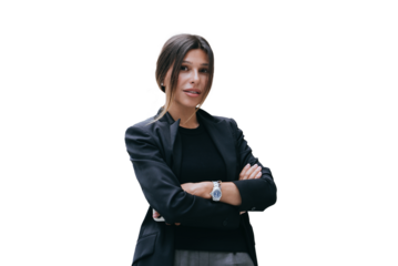 Confident businesswoman in black jacket against transparent background looks at camera against building with big columns. Female lawyer with folded hands on chest waits for partner. Financial people