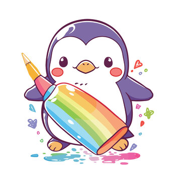 Cute penguin in winter hat and scarf. Vector illustration.