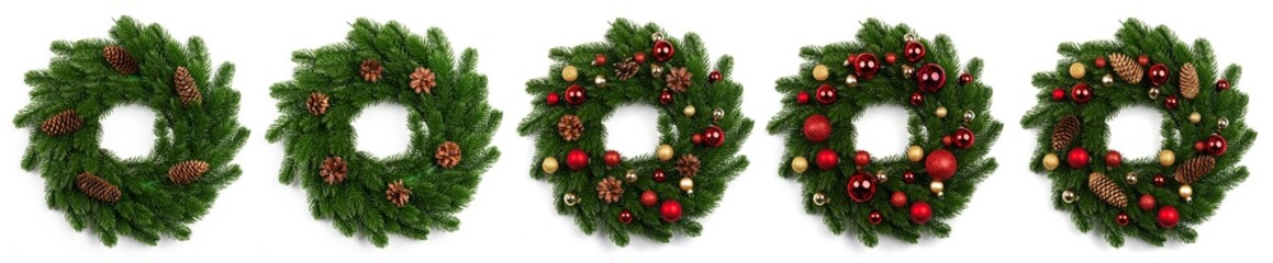 isolated christmas wreath and red gold balls on white