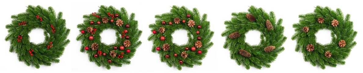 isolated christmas wreath and red balls on white