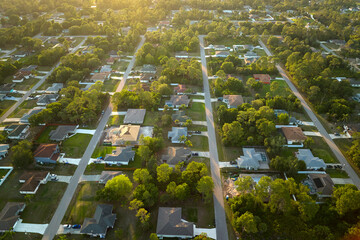 Aerial view of suburban landscape with private homes between green palm trees in Florida quiet residential area - obrazy, fototapety, plakaty