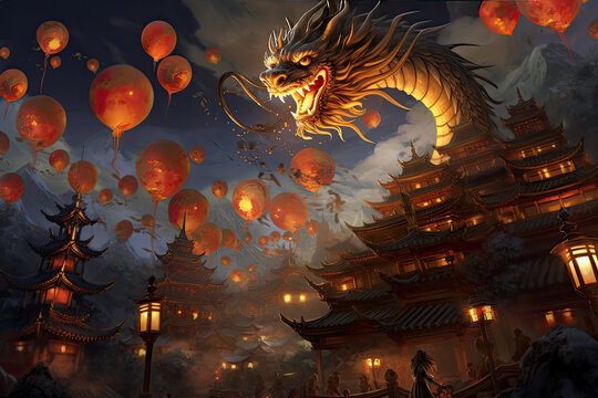 an image of a dragon flying through lanterns