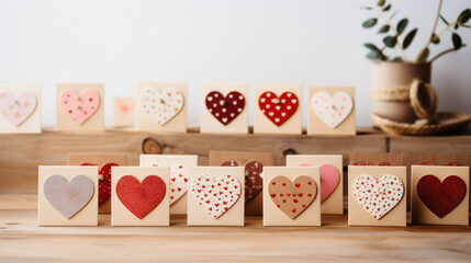 Rows of handcrafted Valentine's cards, each adorned with a unique heart design, lined up against a wooden backdrop. Ideal for expressing heartfelt sentiments.
