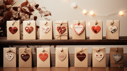 Wall adorned with handmade Valentine's cards featuring floral and heart designs. A vibrant and sentimental gallery of love.
