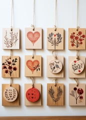 Artistic Valentine's cards suspended against a neutral background, each featuring a unique botanical-inspired heart design.