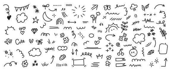 Set of cute pen line doodle element vector. Hand drawn doodle style collection of speech bubble, arrow, rocket, butterfly, crown, heart. Design for decoration, sticker, idol poster, social media. - obrazy, fototapety, plakaty