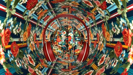 the mood of spring, the human brain in headphones, dancing and listening to music, concept, 3D rendering