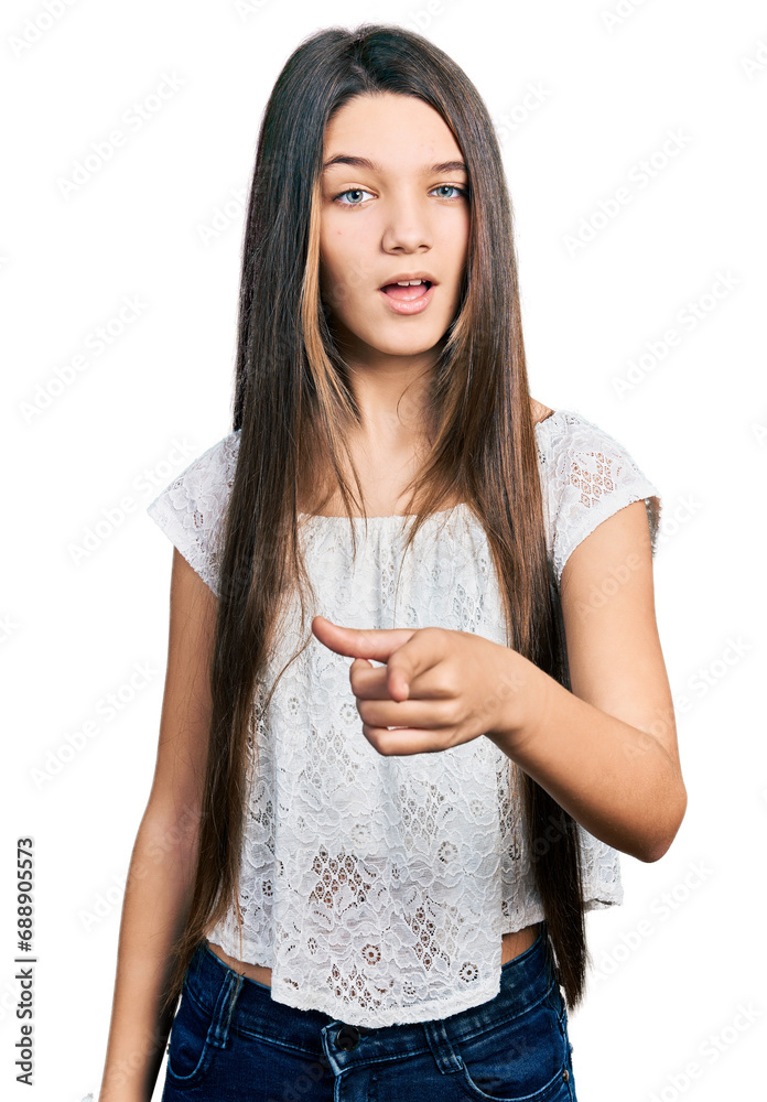 Poster young brunette girl with long hair wearing white shirt pointing displeased and frustrated to the cam