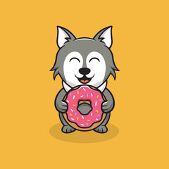 Cute wolf eating donut cartoon illustration