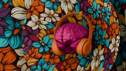 the mood of spring, the human brain in headphones, dancing and listening to music, concept, 3D rendering - obrazy, fototapety, plakaty