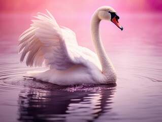  graceful swan floating on water, captured with a vibrant pink background to accentuate its elegance and beauty 