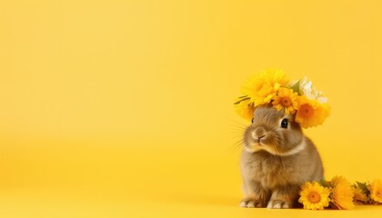 rabbit wear wreath spring headband, yellow background 