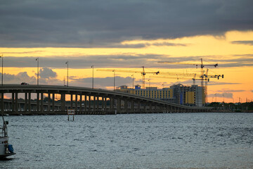 Barron Collier Bridge and Gilchrist Bridge in Florida with moving traffic. Transportation...