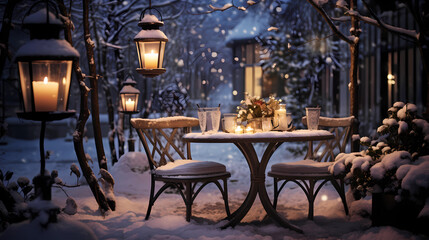 Outdoor dining table with candles in the midst of snow - Powered by Adobe