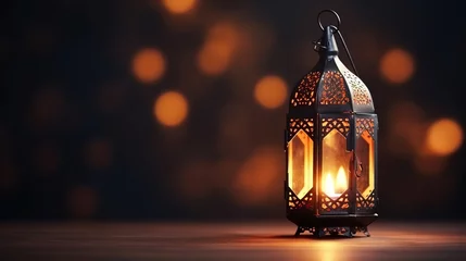 Foto op Plexiglas beautiful burning arabic lantern on wooden table, ramadan background with copy space for text © Intelligence Studio