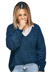 Young caucasian woman wearing casual clothes feeling unwell and coughing as symptom for cold or bronchitis. health care concept.