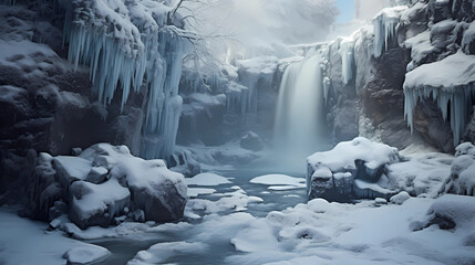 majestic frozen waterfalls surrounded by a winter wonderland