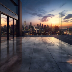 A view of the city at sunset as seen from the building, Generative AI