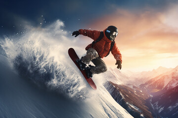 Fototapeta na wymiar Man playing snowboard on the mountain