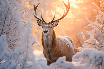 Red deer standing on frost snow in the forest