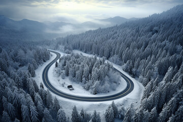 Top view of curved road with snow covering on trees beside in winter season