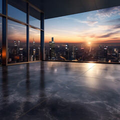 A view of the city at sunset as seen from the building, Generative AI