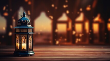 beautiful burning arabic lantern on wooden table, ramadan background with copy space for text - obrazy, fototapety, plakaty