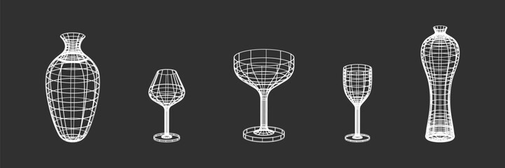 Set of glasses, bottle and vase made of wire frame shapes. White on dark background linear retro design elements. 3D. Y2k . Vector illustration for social media or posters. Vector illustration