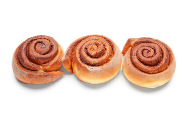 Tasty cinnamon rolls on white background