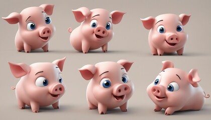 Set of cute pink piggy in different poses. 3d rendering