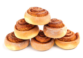 Tasty cinnamon rolls on white background