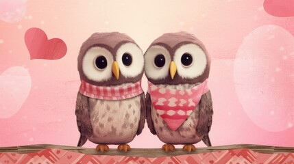 Obraz premium owls in tiny scarves, sharing cotton candy, with a whimsical pink background setting 
