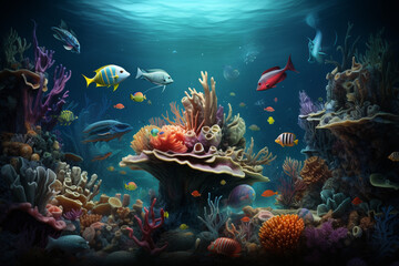 Colorful Fishes, corals, and nature lifes under blue sea