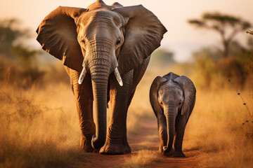 Obraz premium Mom and baby African elephant walking together