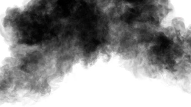 A turbulent black smoke rises covering the screen then dissipates completely on a white background. Perfect for revealing a logo or text.