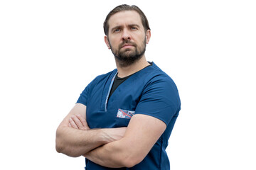 Very serious male nurse crossing his arms looking at the camera.