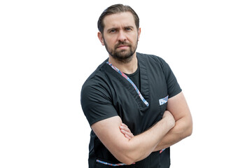 Portrait of a male nurse crossing his arms looking at the camera.