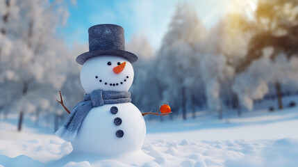 Obraz premium Cute Snowman with a Hat Standing in a Snowy Field on a Blurred Winter Background. Copy Space