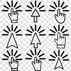 Pointer click icon set. Hand cursor click. Arrow pointer. Computer mouse cursor. Clicking finger pointing. Vector illustration.