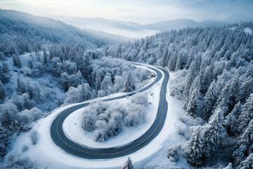 Top view of curved road with snow covering on trees  in winter season - obrazy, fototapety, plakaty