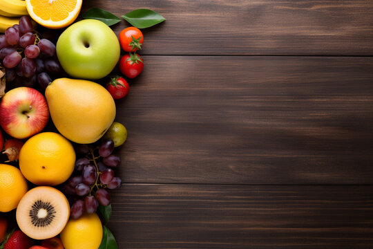 Top view of empty wooden table with fruits and copy space